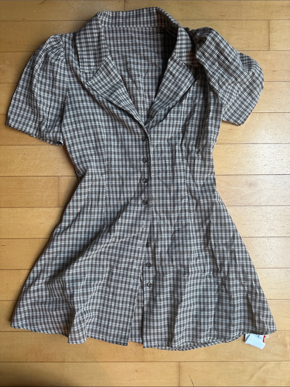 NWT Apres Studio Sz US 4 Plaid Button-Front Shirt Dress in Brown and Cream - Picture 2 of 4